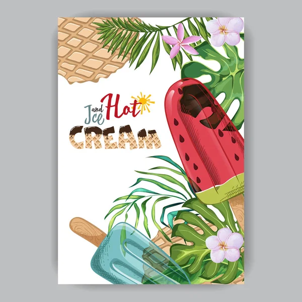 アイスクリームと熱帯の葉のポスター — ストックベクタ
