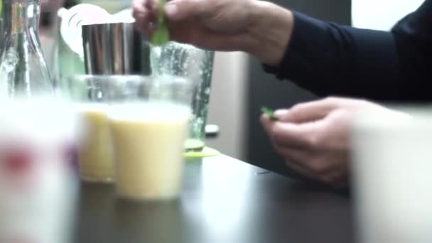 Barkeeper steckt Minzblätter in Getränke an der Bar — Stockvideo
