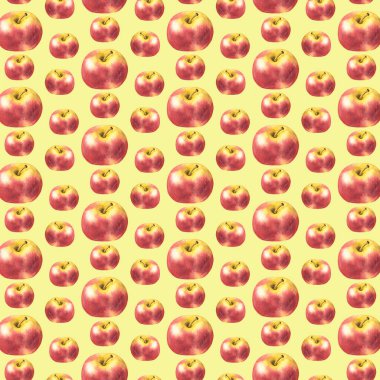 Suluboya elle çizilmiş, taze kırmızı elmalı, pürüzsüz desen..