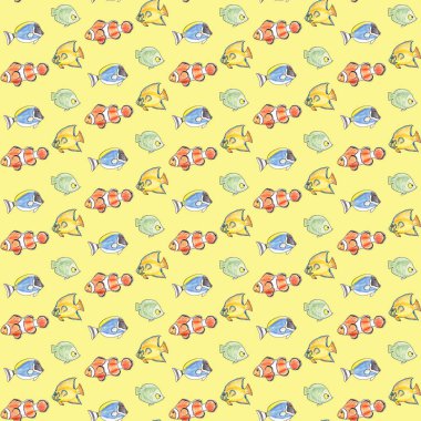 Mavi arka planda renkli balıklarla el çizimi, pürüzsüz desen.