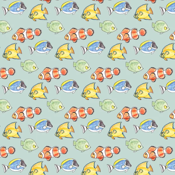 รูปแบบที่วาดโดยมือไร้เย็บด้วยปลาที่มีสีสันบนพื้นหลังสีเทา . — ภาพถ่ายสต็อก