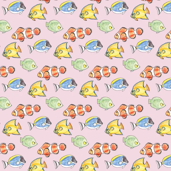 Handgezeichnetes nahtloses Muster mit bunten Fischen auf rosa Hintergrund. — Stockfoto