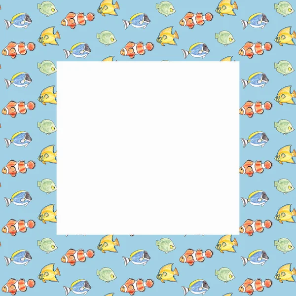 青い背景にカラフルな魚が描かれたシームレスなパターンフレームを手描き 印刷のためのシームレスなパターン — ストック写真