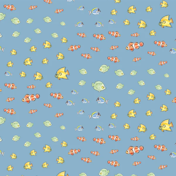 青い背景にカラフルな魚と手描きのシームレスなパターン 印刷のためのシームレスなパターン — ストック写真