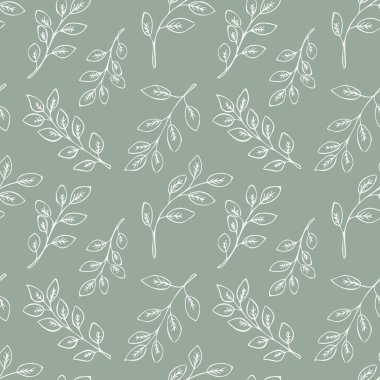 Yeşil arka planda beyaz el çizimleri olan kusursuz çiçek deseni..