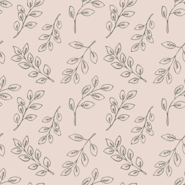 Pembe arka planda gri el çizimleri olan kusursuz çiçek deseni. Doğa vektörü arka planı. Basit bir vektör süsü. Kusursuz Yapraklar deseni.