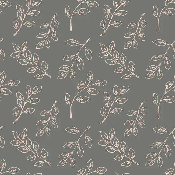 Gri arka planda pembe el çizimleri olan kusursuz çiçek deseni. Doğa vektörü arka planı. Basit bir vektör süsü. Kusursuz Yapraklar deseni.