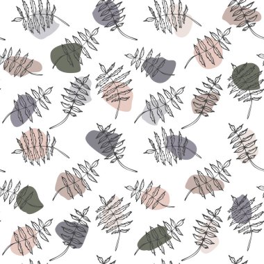 Modern soyut, kusursuz vektör deseni. Şekiller ve renk lekeleri olan çiçek deseni. Moda renkleri. Yazdırma deseni, ambalaj kağıdı, poster, el ilanı, afiş tasarımı.