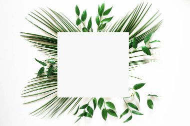 Beyaz arkaplanda tropik yeşil yaprak çerçeve