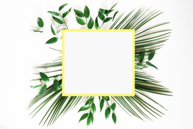 Beyaz arkaplanda tropik yeşil yaprak çerçeve