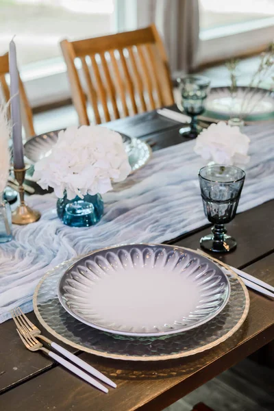 Blauw Goud Boho Bruiloft Decor Feestelijke Bruiloft Tafel Dekken Selectieve — Stockfoto