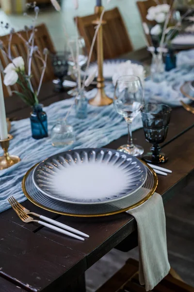 Blauw Goud Boho Bruiloft Decor Feestelijke Bruiloft Tafel Dekken Selectieve — Stockfoto