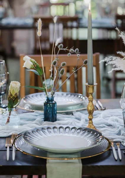 Blauw Goud Boho Bruiloft Decor Feestelijke Bruiloft Tafel Instelling — Stockfoto