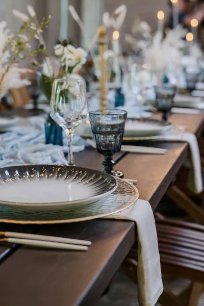 Blauw Goud Boho Bruiloft Decor Feestelijke Bruiloft Tafel Dekken Selectieve — Stockfoto