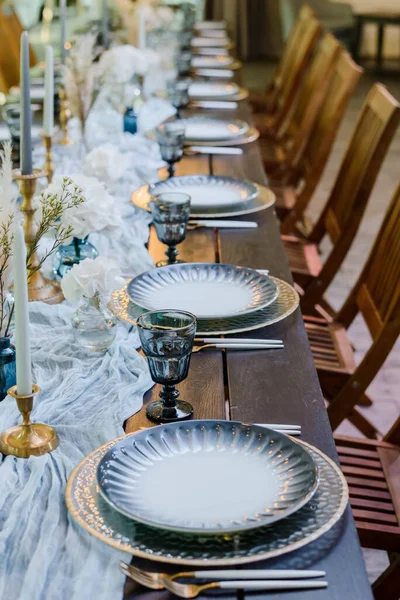 Blauw Goud Boho Bruiloft Decor Feestelijke Bruiloft Tafel Instelling — Stockfoto