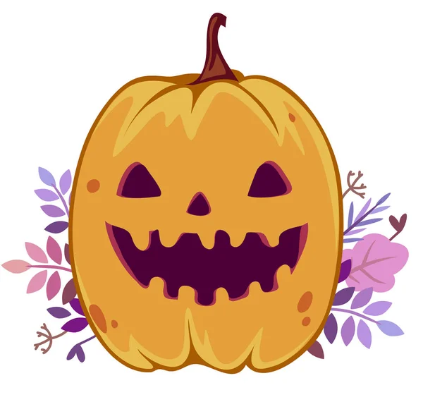 Ilustración Vectorial Una Calabaza Halloween Caricatura Sonriente Hojas — Archivo Imágenes Vectoriales