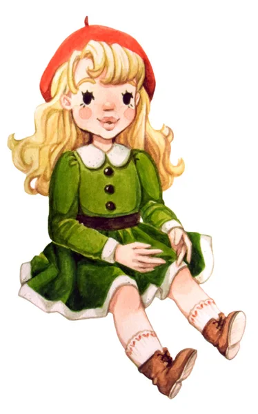 Acuarela Ilustración Una Muñeca Rubia Retro Sentada Vestido Verde Boina — Foto de Stock