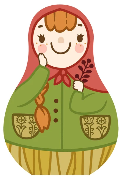 Desenho Animado Vetor Bonito Matrioshka Com Cabelo Vermelho Sorrindo — Vetor de Stock