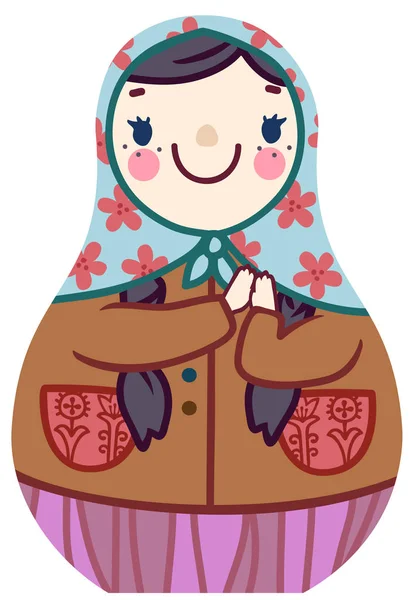 Vektor-Cartoon niedliche Matrjoschka-Puppe in floralem Schal lächelnd — Stockvektor