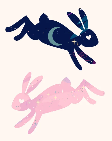 Vector magical fabulous bunnies are jumping. star space silhouet — Stock Vector
