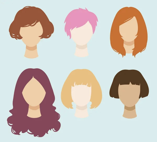 Set Color Simplified Vector Female Heads Different Hairstyle — Stock Vector