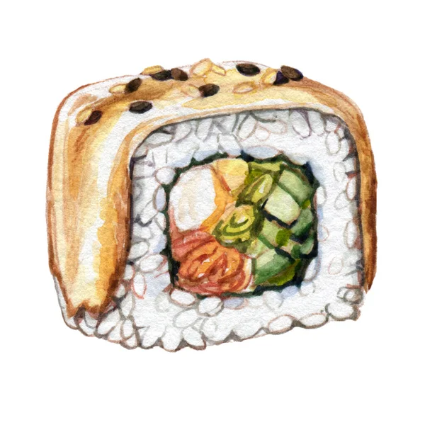 Akvarell Bild Sushi Rulle Med Och Sesam — Stockfoto
