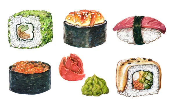 Conjunto Rolos Sushi Aquarela Nigiri Com Atum Gunkans Com Wasabi — Fotografia de Stock