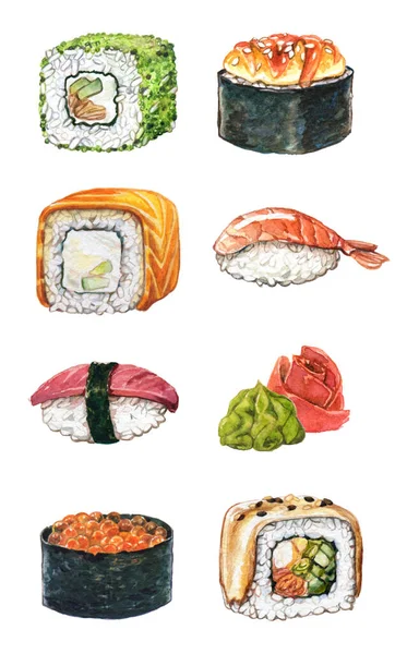 Grande Sushi Aquarela Definido Com Gunkan Cozido Forno Nigiri Philadelphia — Fotografia de Stock