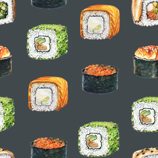 Padrão Aquarela Sem Costura Com Sushi Conjunto Rolos Califórnia Unagi — Fotografia de Stock