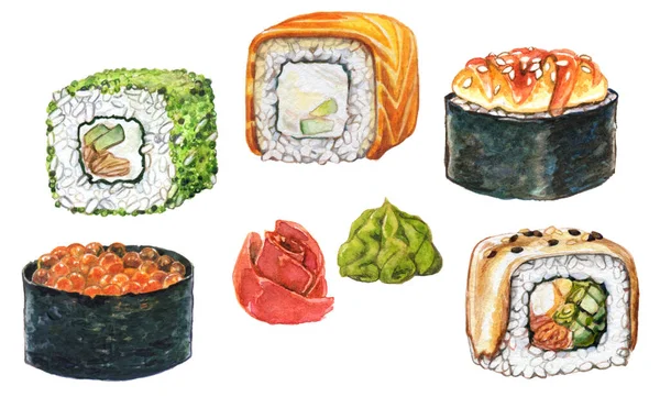 Conjunto Rolos Sushi Aquarela Gunkans Com Wasabi Dobradiça Conserva — Fotografia de Stock
