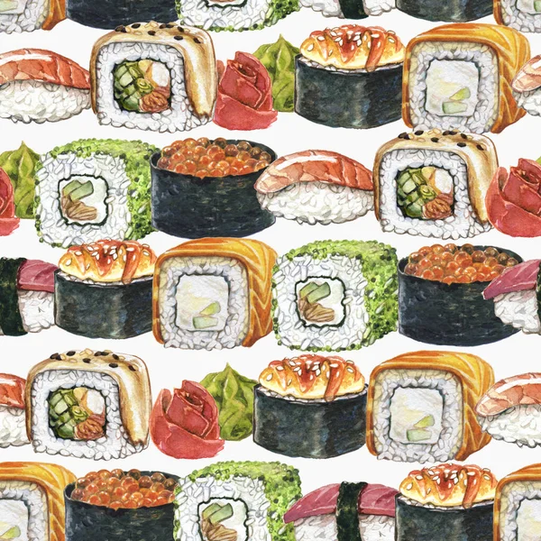 大きな巻き寿司 わさび 生姜を背景にしたシームレスな水彩画 — ストック写真