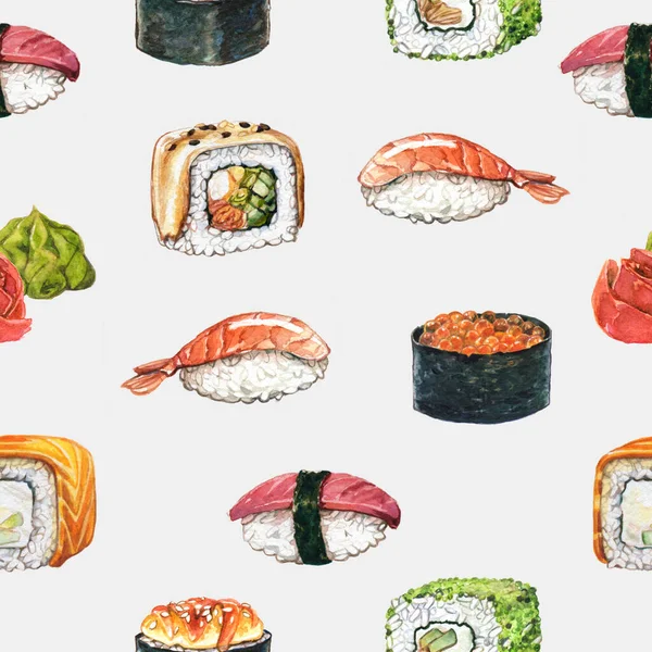 Bezszwowy Wzór Akwarela Sushi Rolki Nigiri Krewetki Gunkan Tuńczyk Wasabi — Zdjęcie stockowe