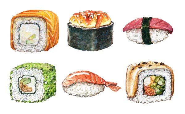 Aquarela Sushi Conjunto Rolos Cozido Gunkan Nigiri Atum Nigir Camarão — Fotografia de Stock
