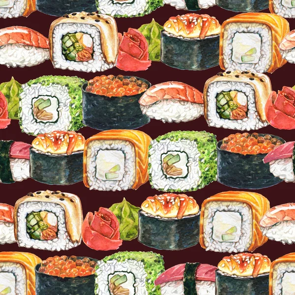 大きな巻き寿司 わさび 生姜を濃い背景にしたシームレスな水彩模様 — ストック写真