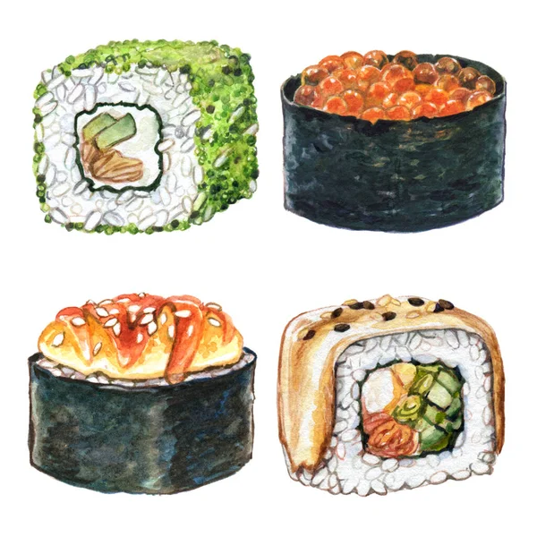 Akwarela Sushi Zestaw Rolki California Unagi Gunka — Zdjęcie stockowe