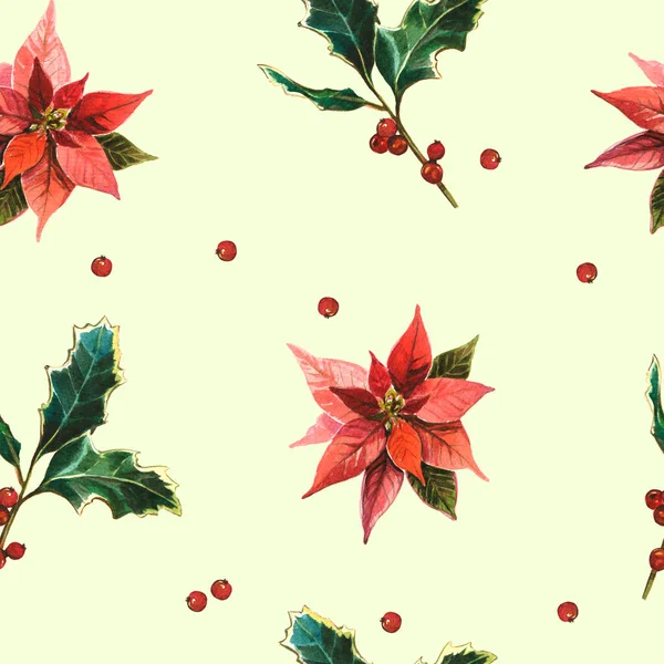 Christmas Watercolor Seamless Pattern Poinsettia Flowers Branches Holly Berries Juicy — Stock Photo, Image