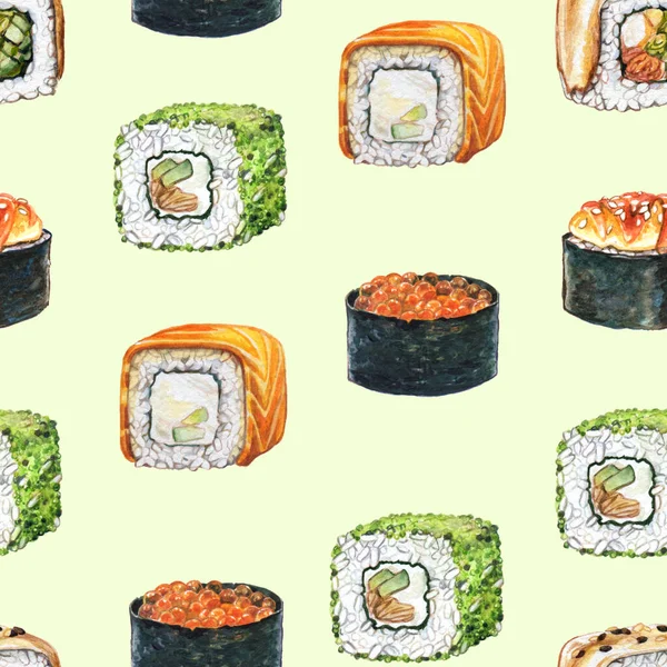 Padrão Aquarela Sem Costura Com Sushi Conjunto Rolos Califórnia Unagi — Fotografia de Stock