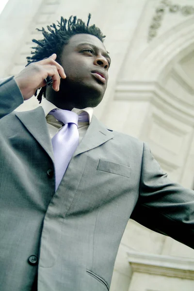 Low Angle View Man Business Suit Making Call His Hand — 스톡 사진