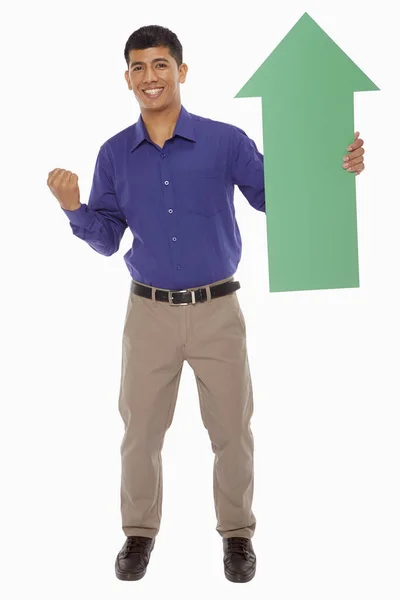 Businessman Holding Green Arrow — Stock Photo, Image