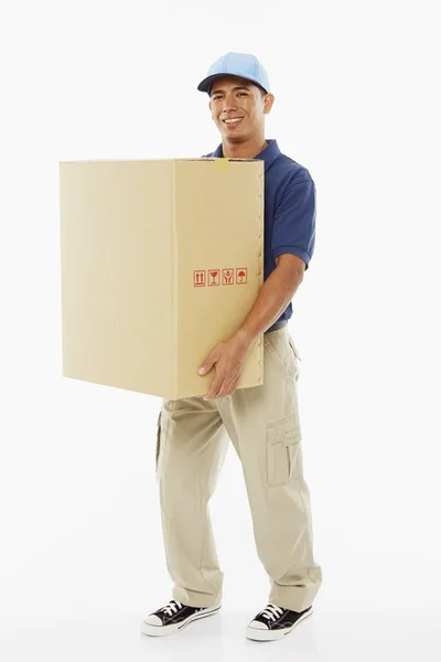 Entrega Persona Que Lleva Una Caja Cartón Grande — Foto de Stock