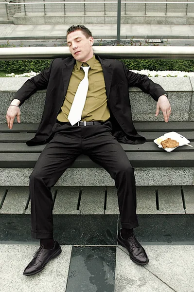 Guy Sitting Bench Sleeping His Lunch His Side — Stock Photo, Image