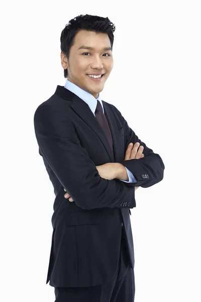 Cheerful Businessman Standing Arms Crossed — Stock Photo, Image