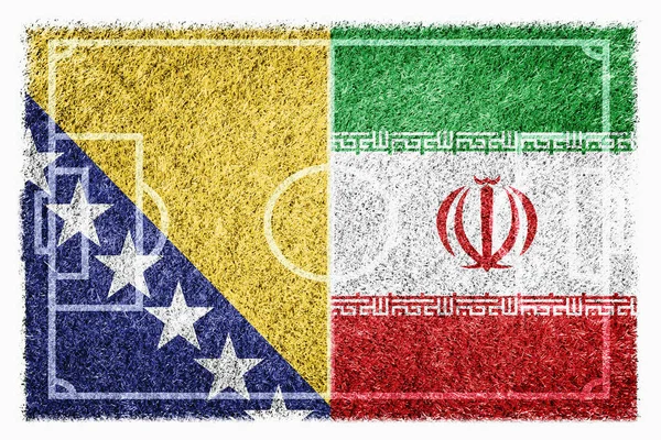 波斯尼亚和黑塞哥维那与伊朗在足球场上的旗帜 — 图库照片