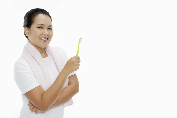 Mulher Alegre Segurando Uma Escova Dentes — Fotografia de Stock