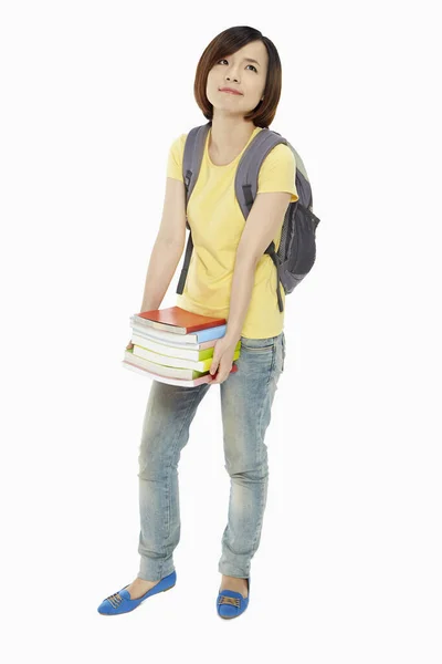 Vrouw Met Een Stapel Boeken — Stockfoto