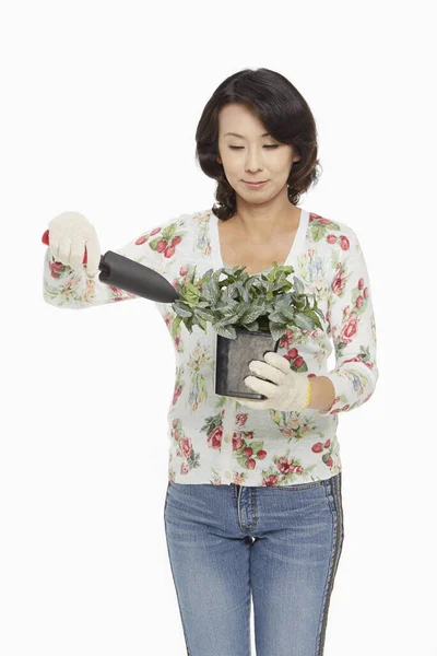 Žena Zahradničení Bílém Pozadí — Stock fotografie