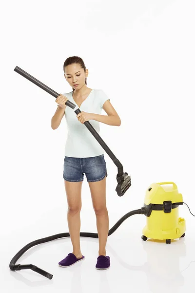 Woman Attaching Grip Vacuum Cleaner — Stock Photo, Image