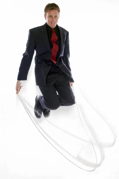 Man Business Suit Playing Skipping Rope — Stock Photo, Image