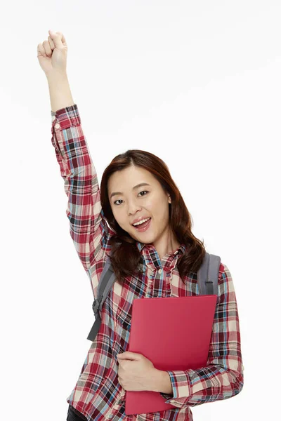 Mujer Feliz Animando Fondo Blanco —  Fotos de Stock