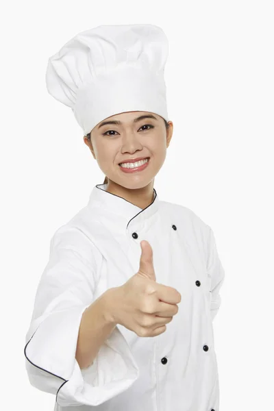 Chef Mujer Dando Pulgares Hacia Arriba — Foto de Stock